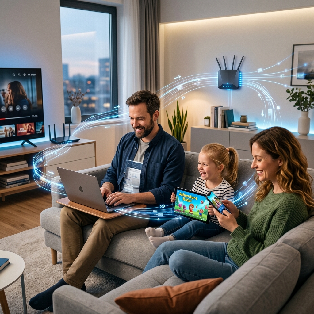 Happy family using high-speed internet